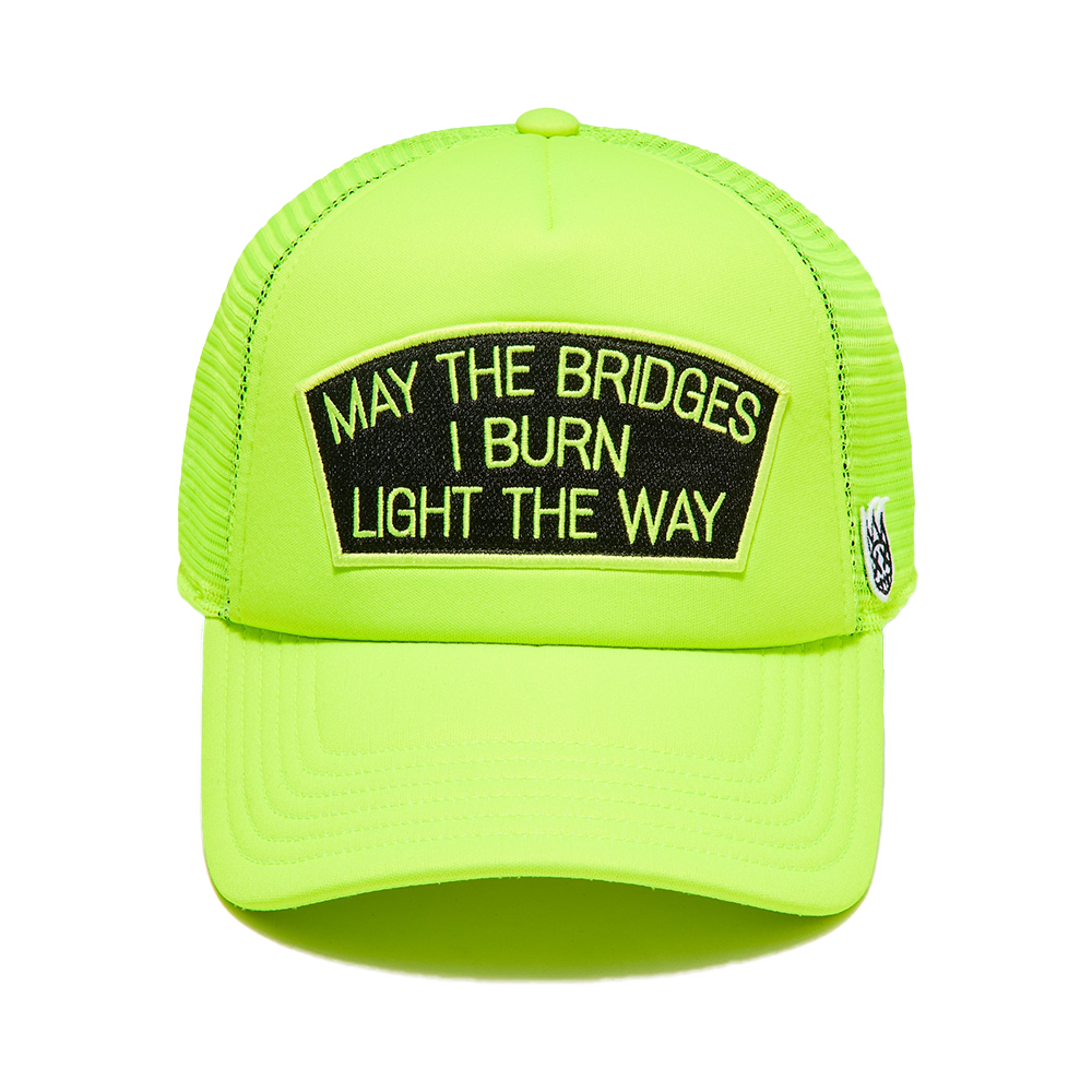 Cult's Mesh Back Trucker Hat In Neon Yellow "May The Bridges I Burn" / Black Patch