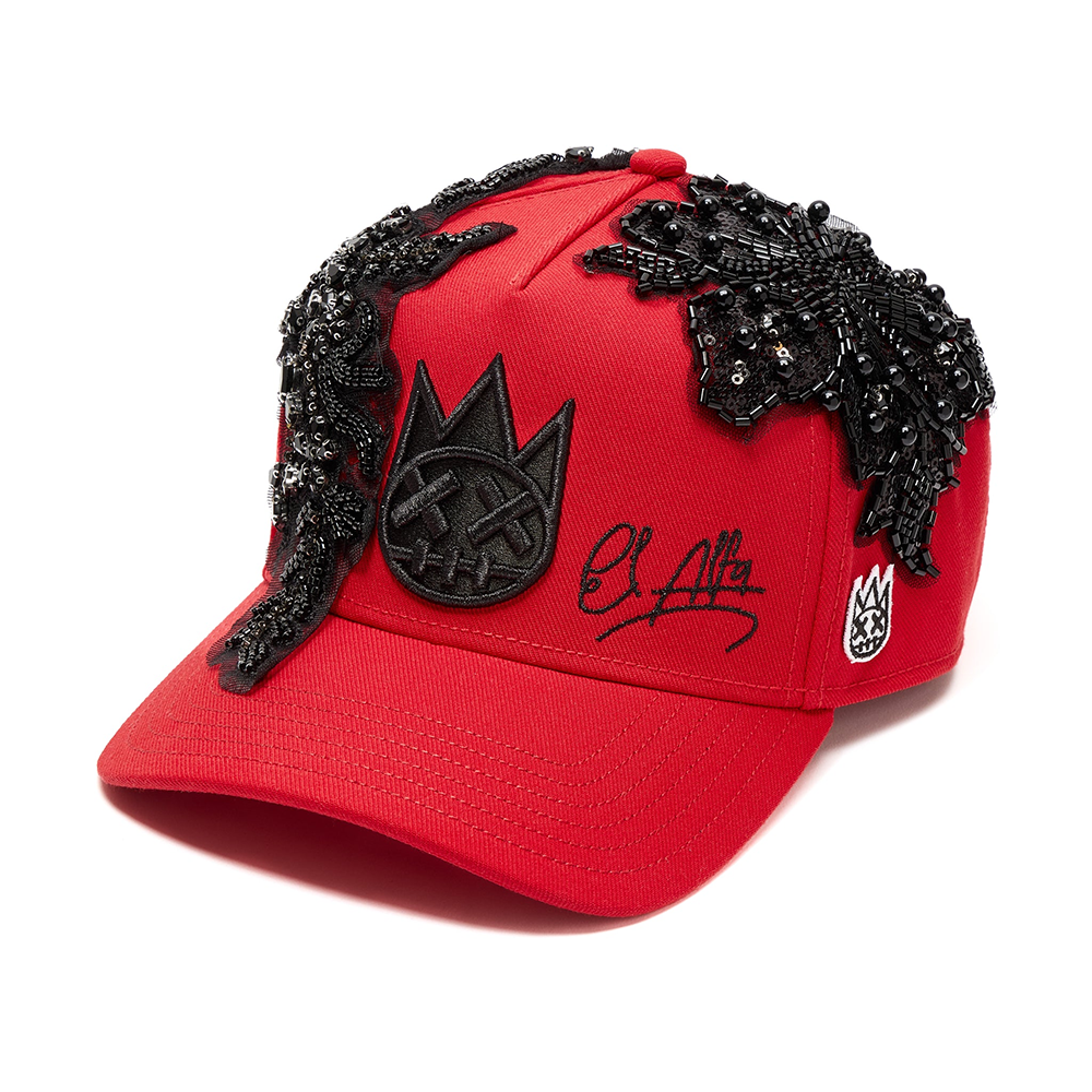 Cult X El Alfa Lurex Emb Logo 5 Panel A Frame Trucker Hat in Red