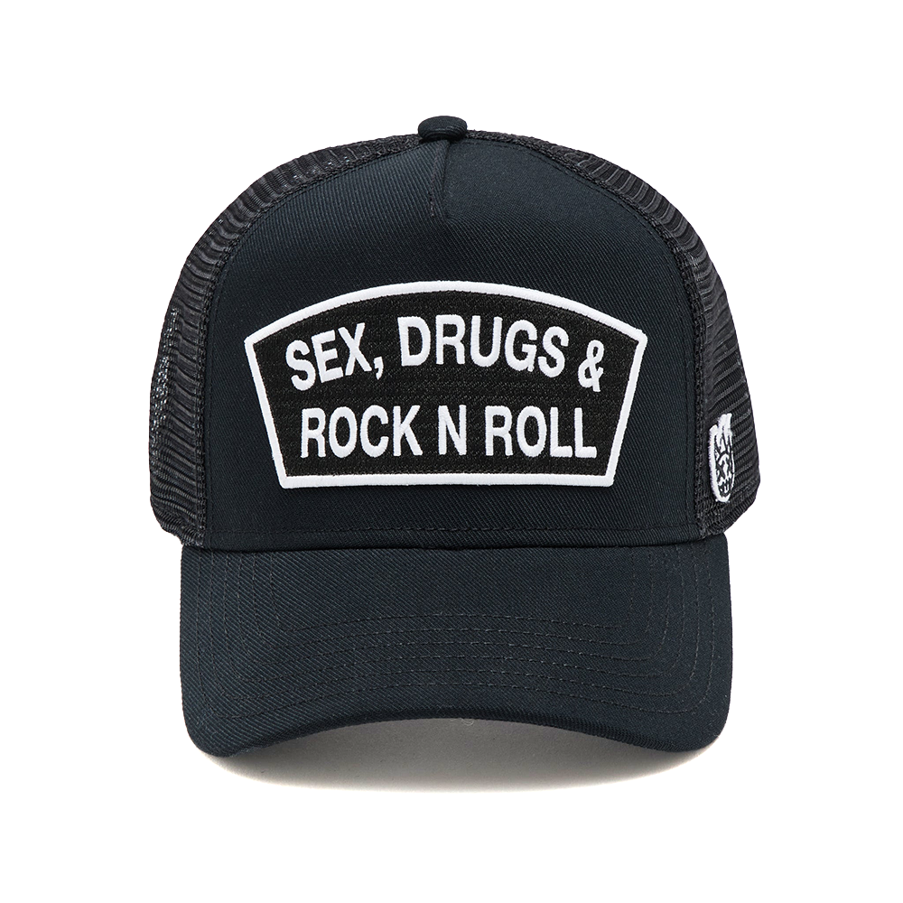 Cult's Logo Mesh Back Trucker Hat "Sex Drugs Rock N Roll" in Black