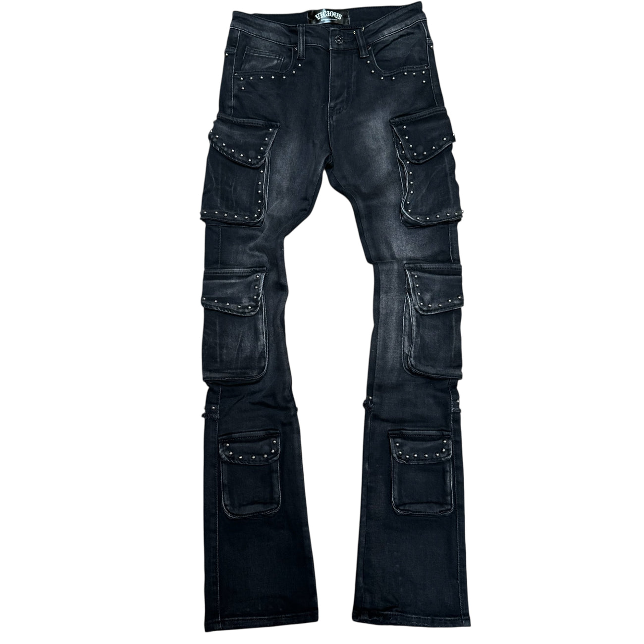 Denim Place Vicious Multi Cargo Studded Flare Denim